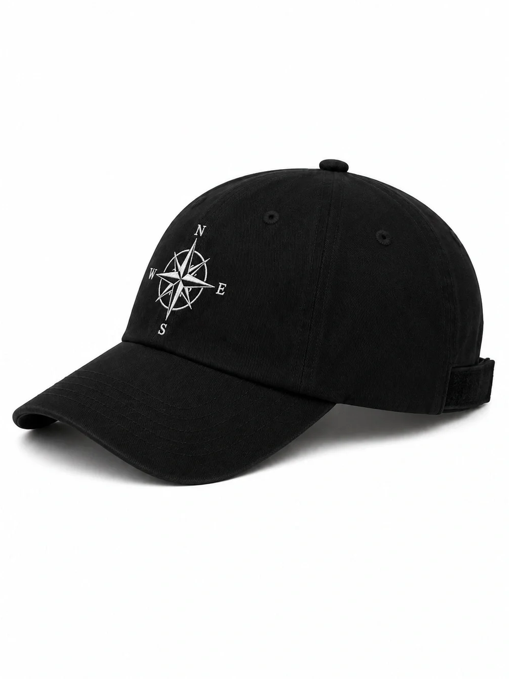 🧭 Compass Rose Embroidered Black Baseball Cap Velcro Strap Adjustable Outdoor